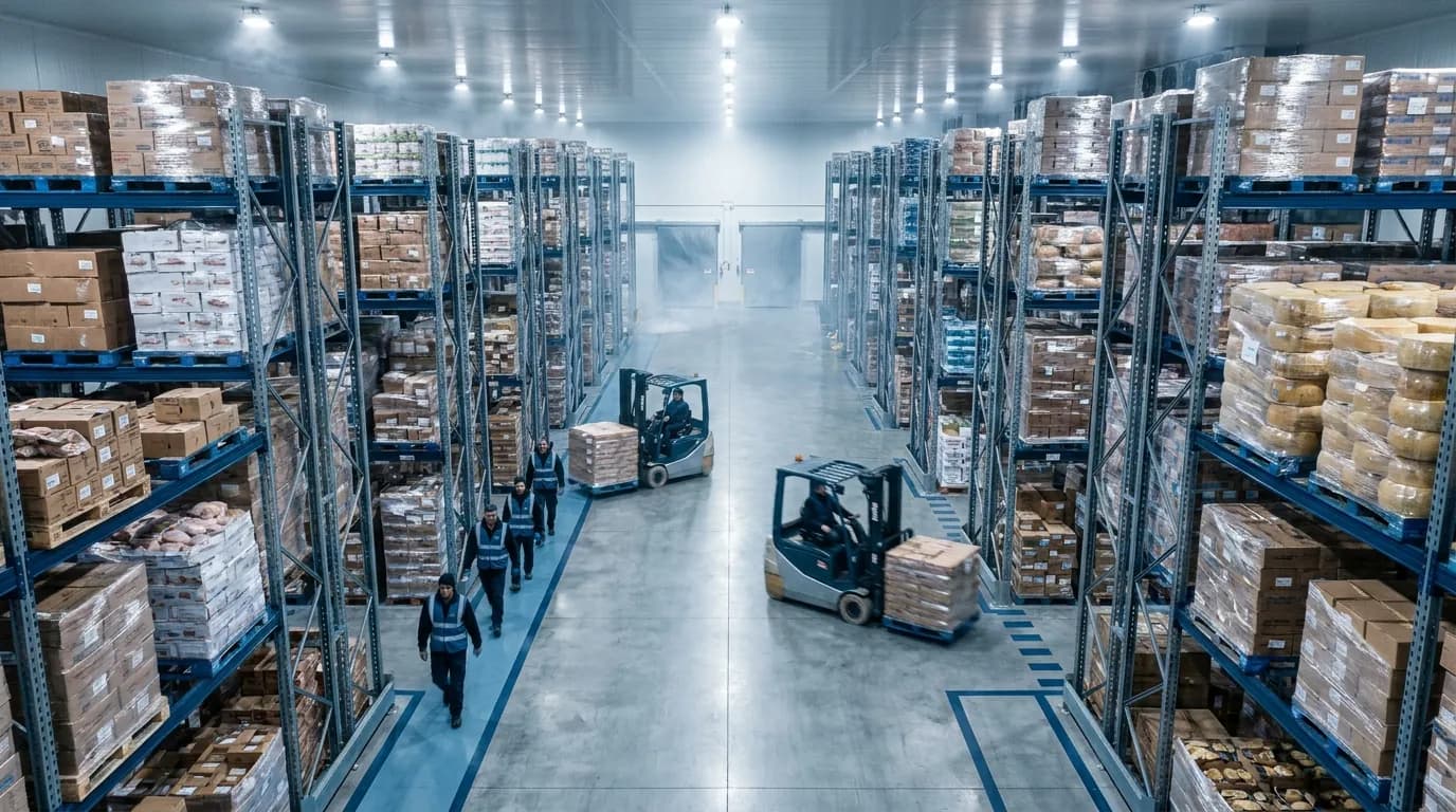 Aerial cold storage warehouse illustrating catch weight vs net weight