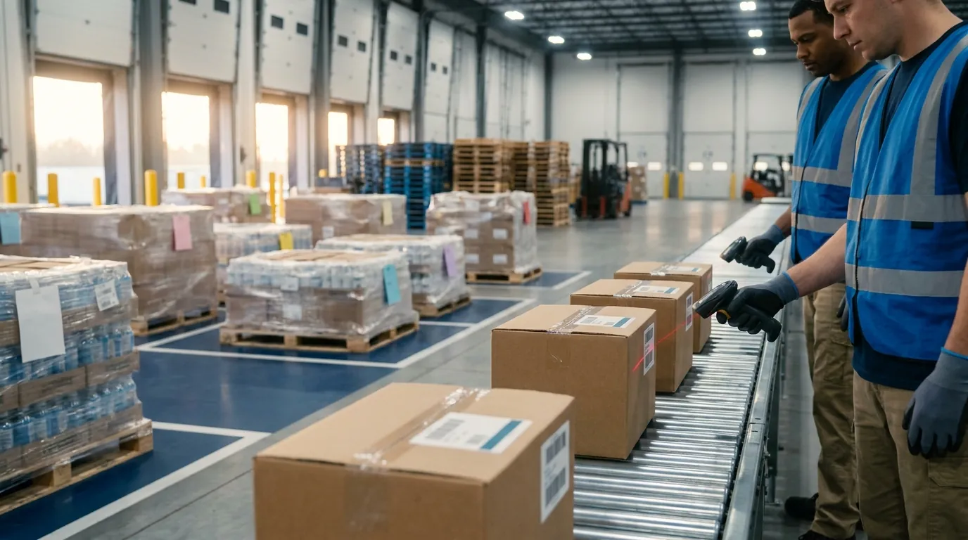 Receiving dock workers scanning example of lot number labels