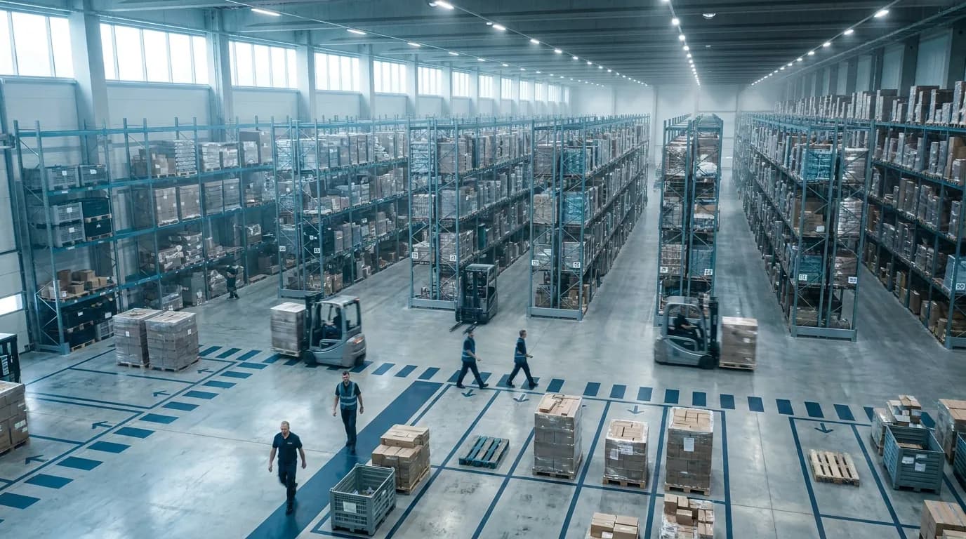Aerial warehouse floor illustrating warehouse kpis dashboard, warehouse kpis examples