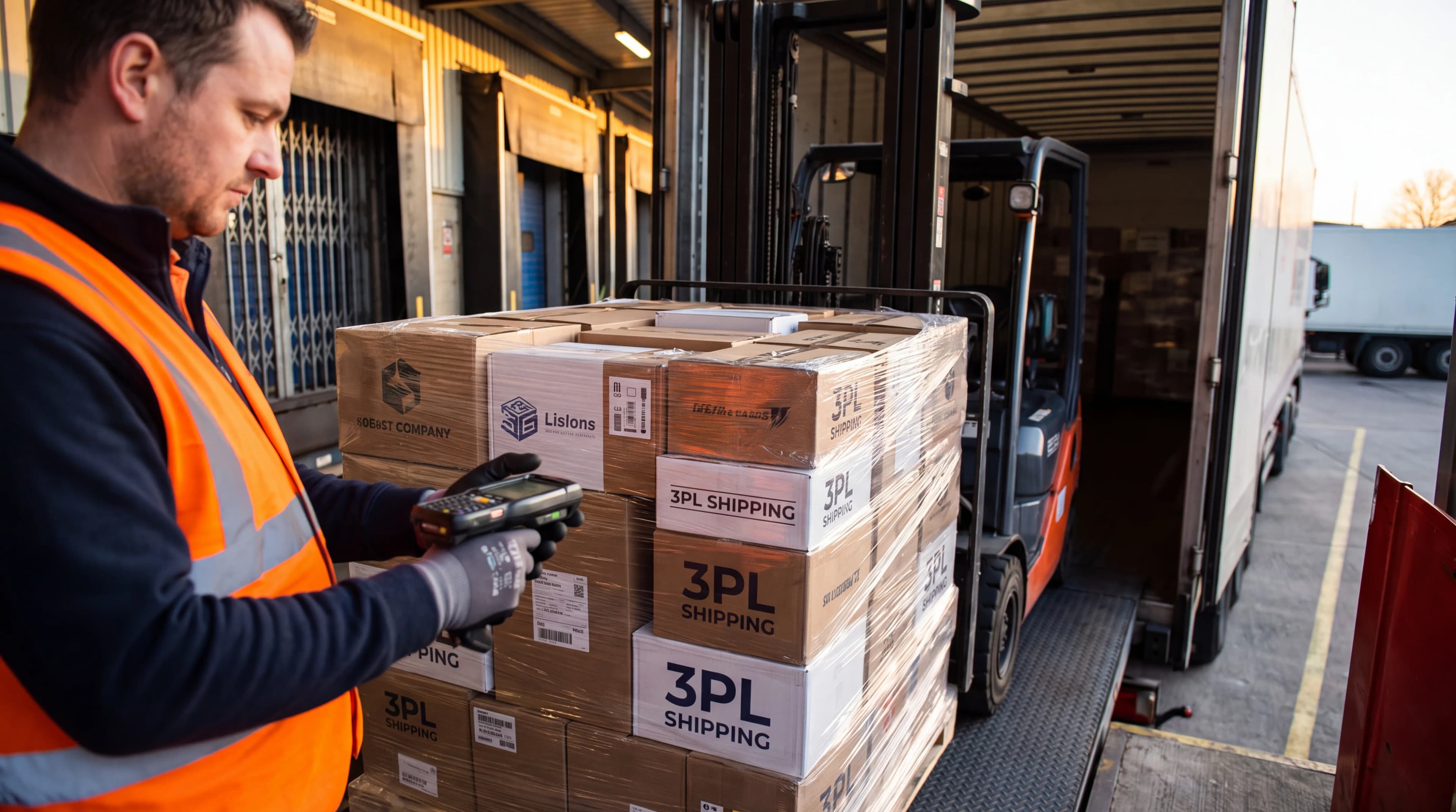Warehouse workers in safety vests managing inventory in tall storage racks