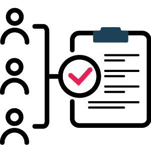 three people connected to a clipboard with a checkmark