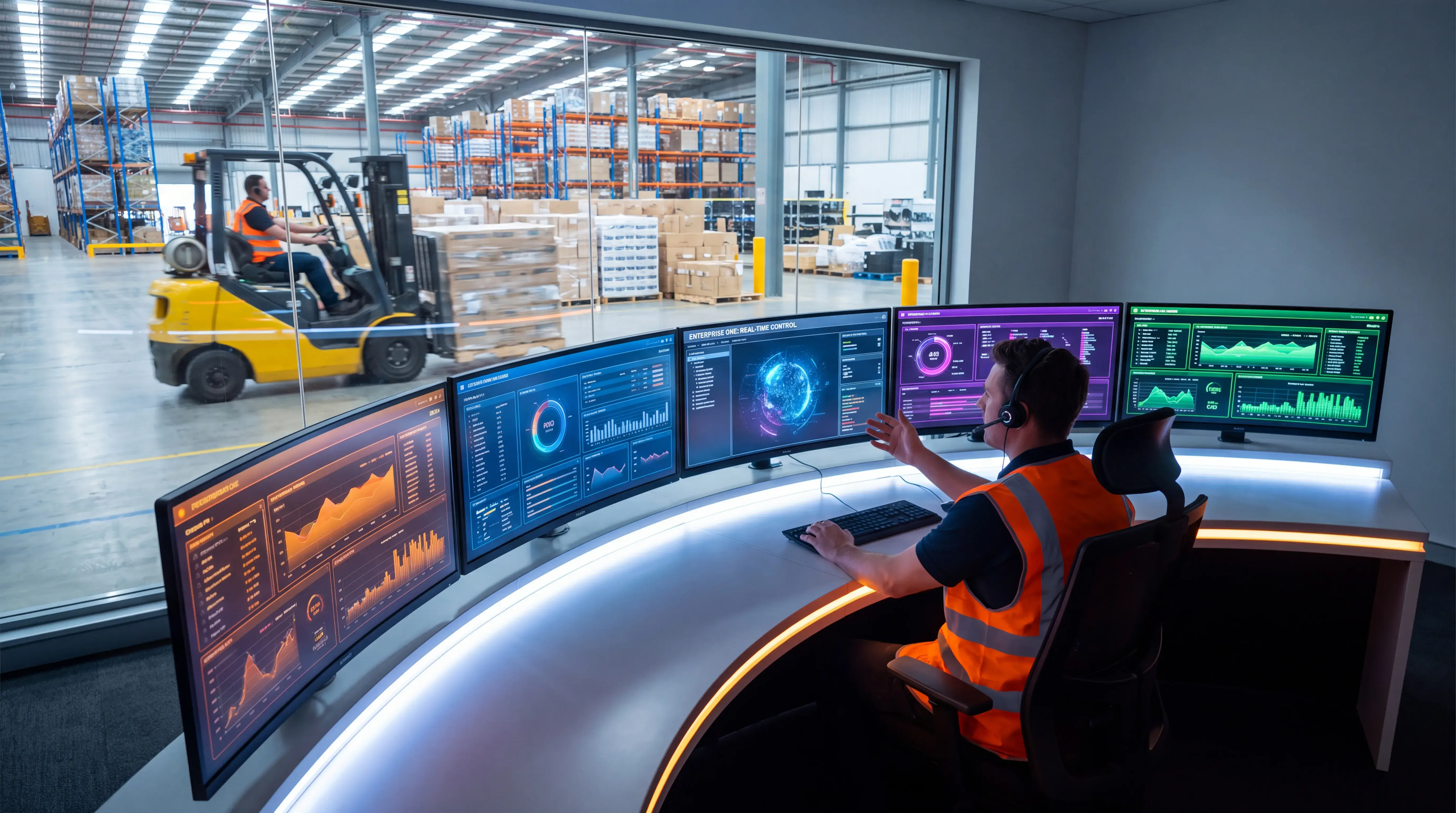 man on a laptop and women on a desktop computer, both looking at the screens, warehouse worker in the background building boxes