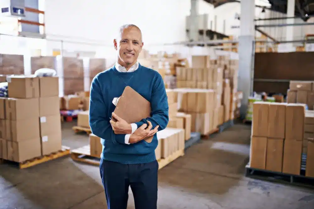 Mature businessman holding clipboard in warehouse with shipping boxes and logistics operations