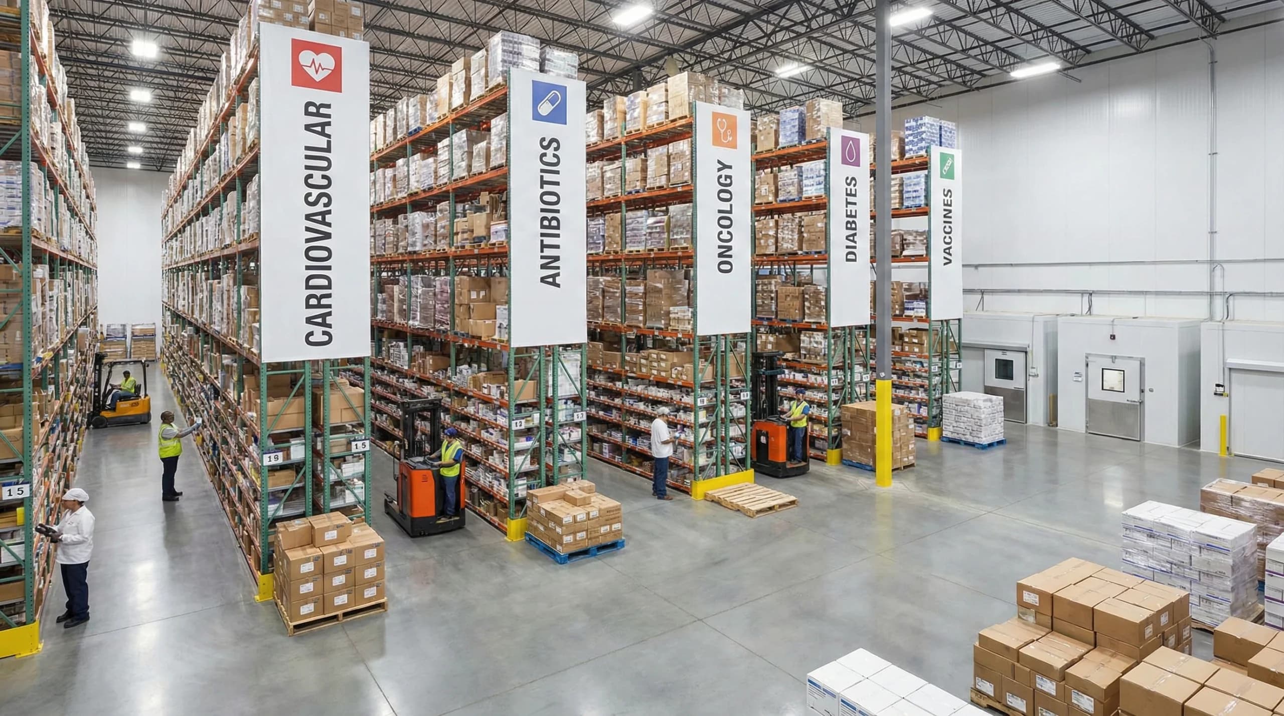 A well-organized pharmaceutical warehouse with clear sections for different types of medicines