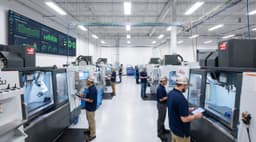 Modern manufacturing shop floor with connected machines and real-time production dashboard