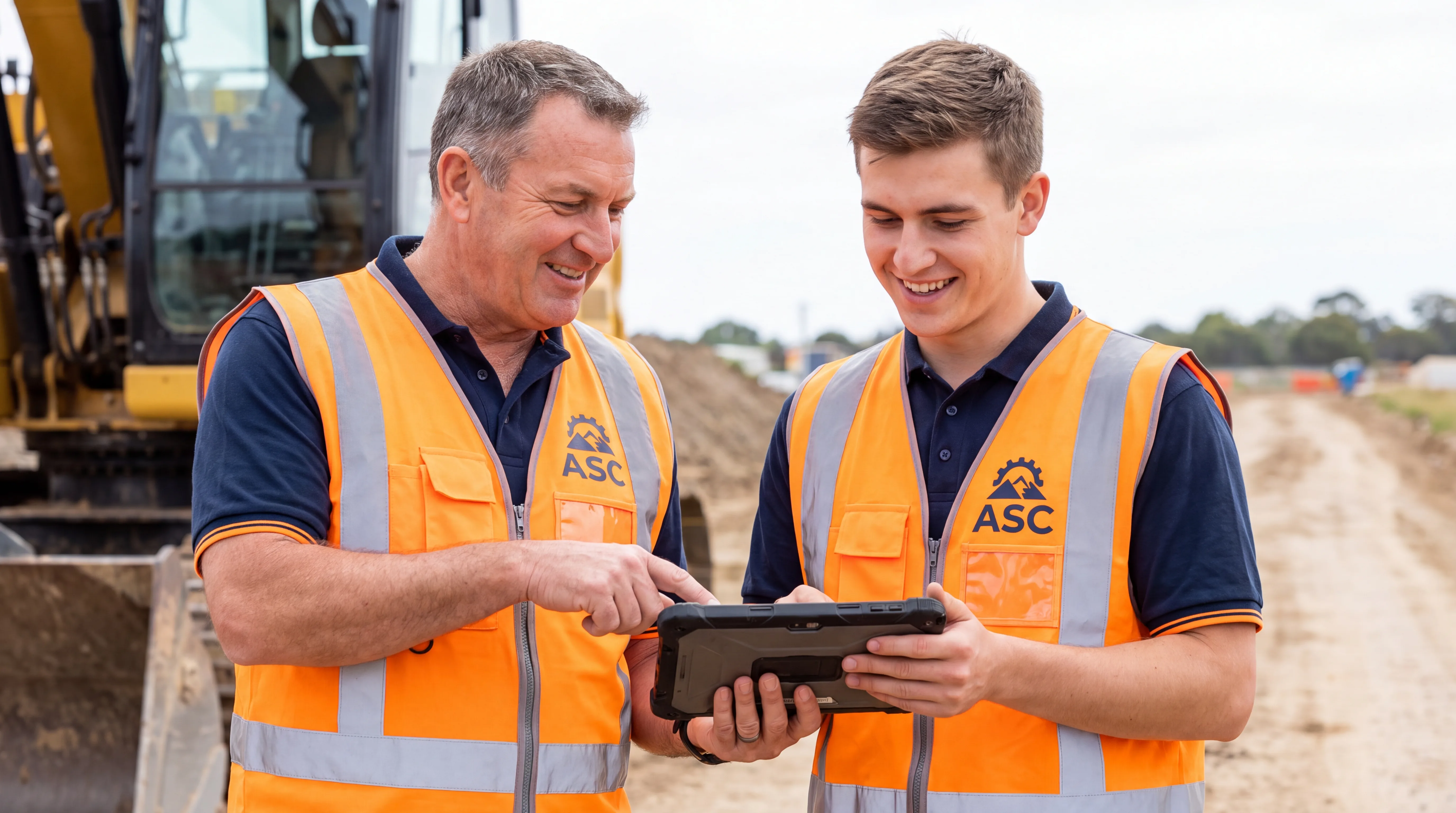 Four warehouse professionals collaborating around laptop computer in distribution center