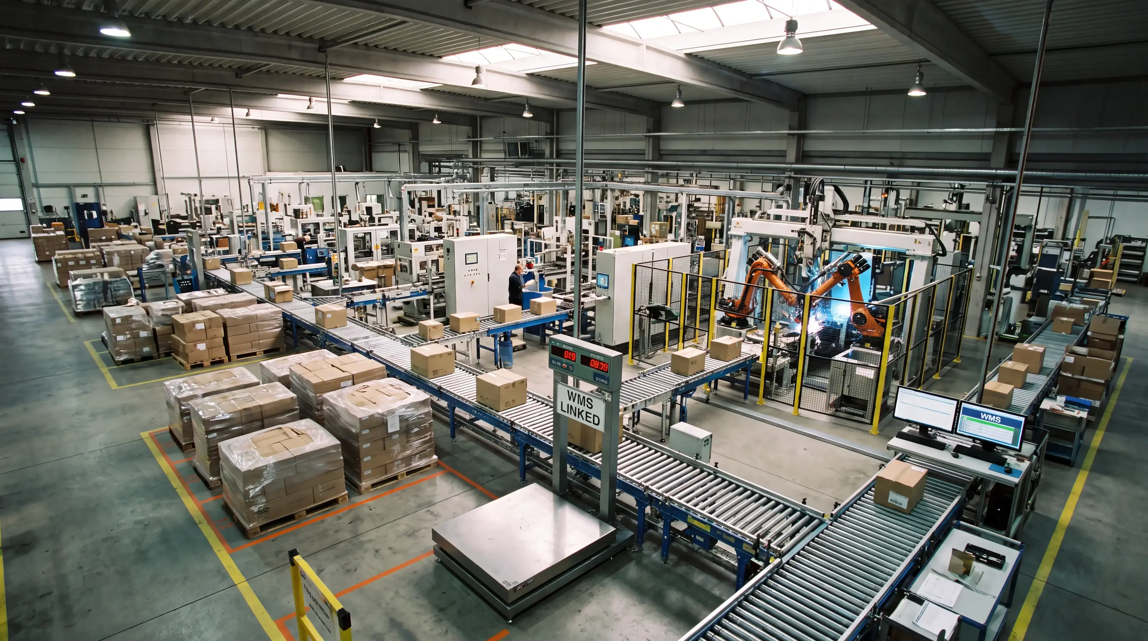 Large warehouse interior with numbered storage aisles and industrial shelving systems