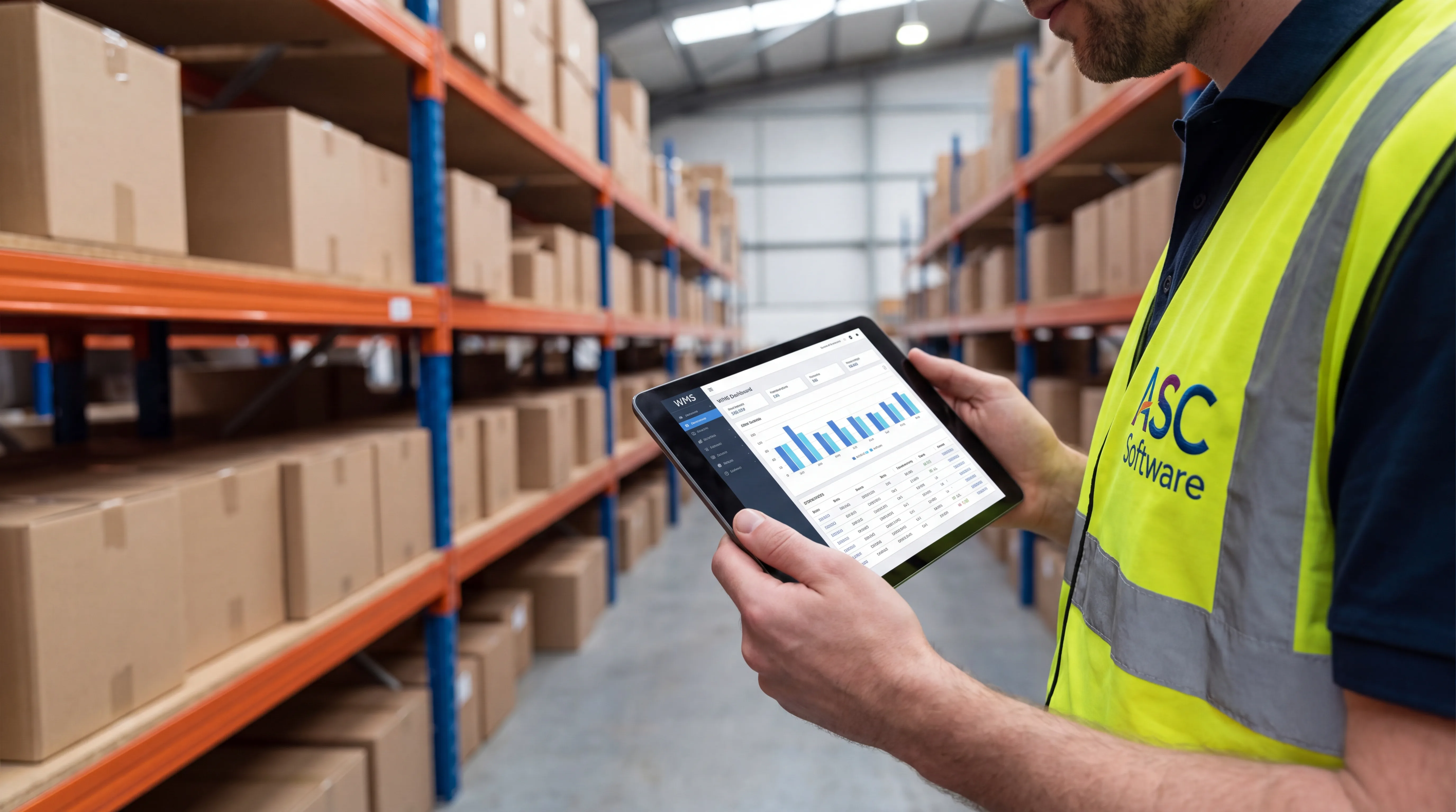 Large warehouse with organized cardboard boxes on orange and blue industrial shelving