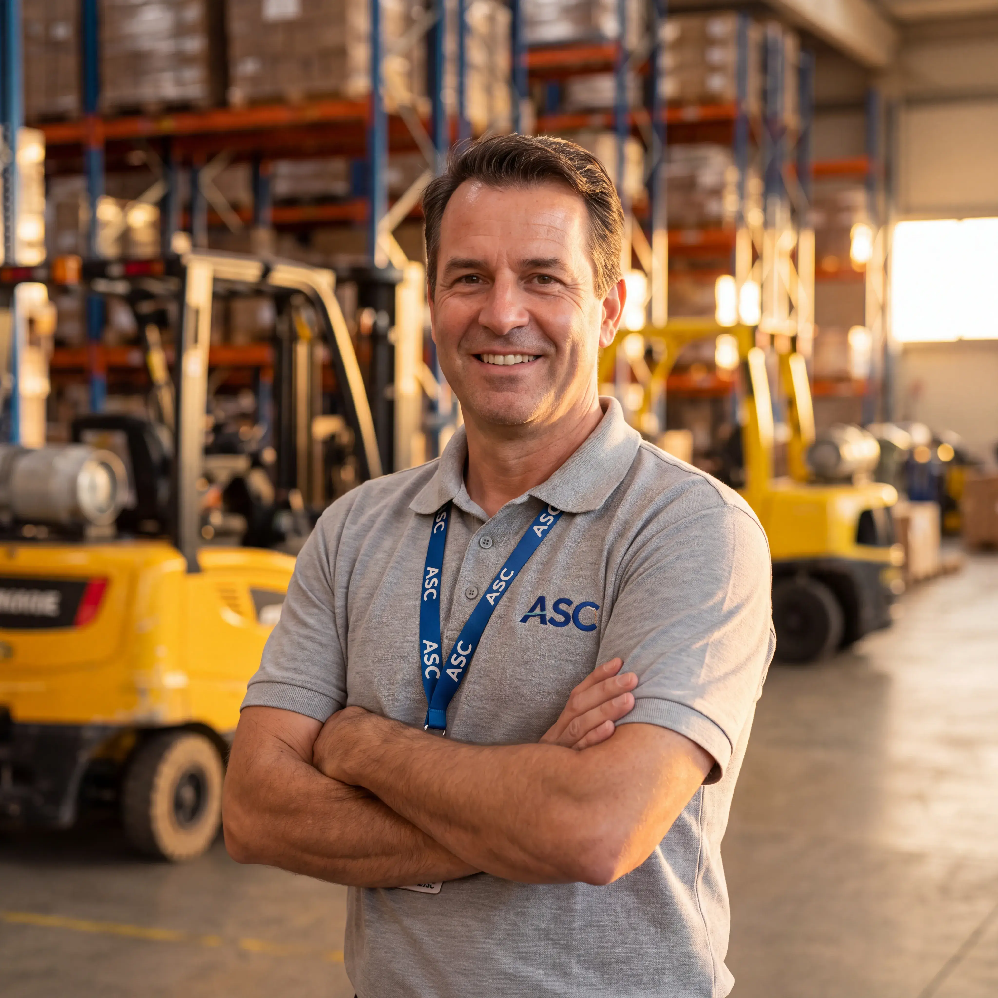 Person using tablet for warehouse management dashboard in industrial storage facility