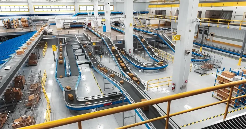 Modern automated warehouse with blue conveyor belt system and package sorting equipment