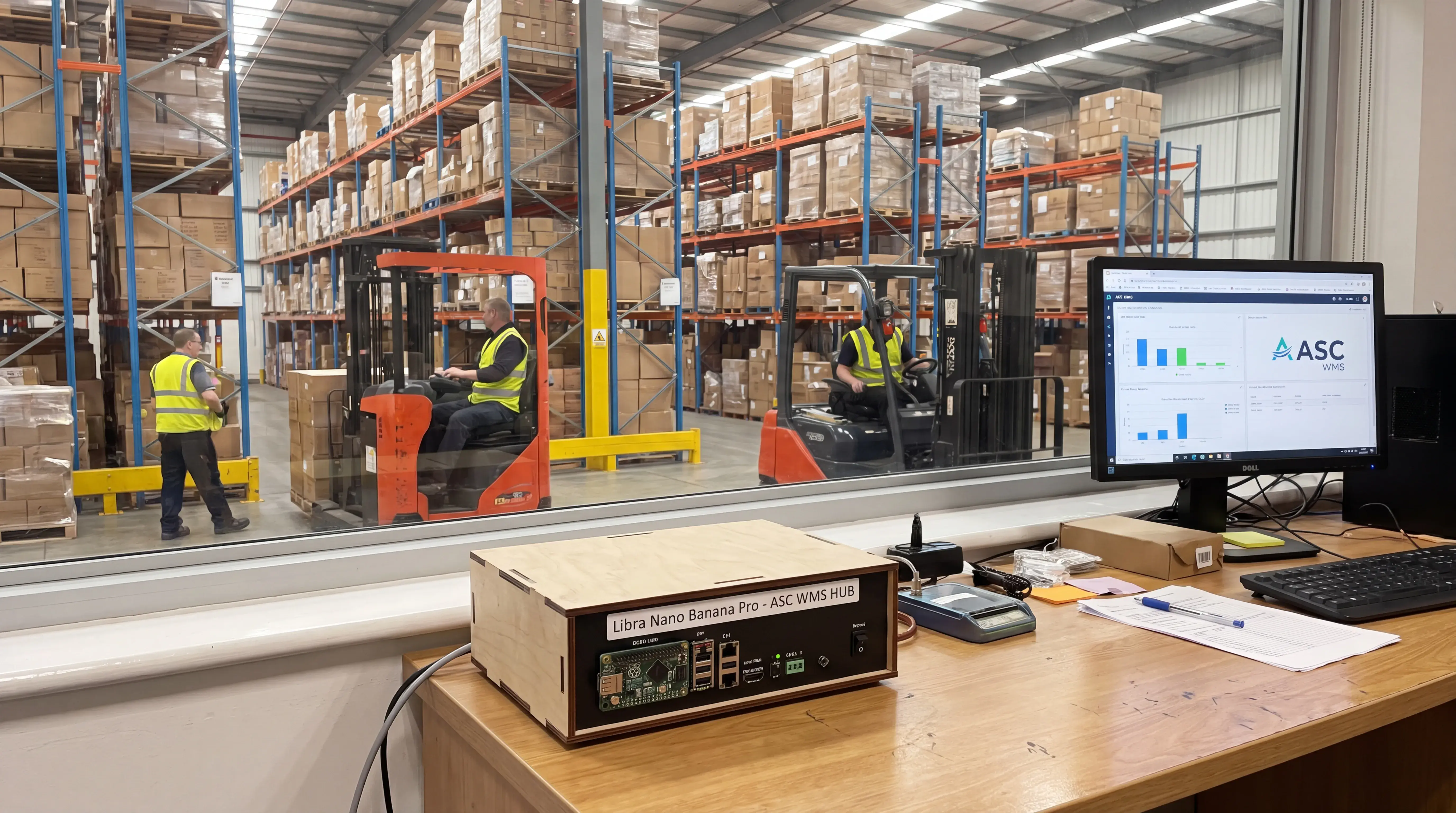 Female warehouse worker in safety vest and hard hat holding tablet in distribution center