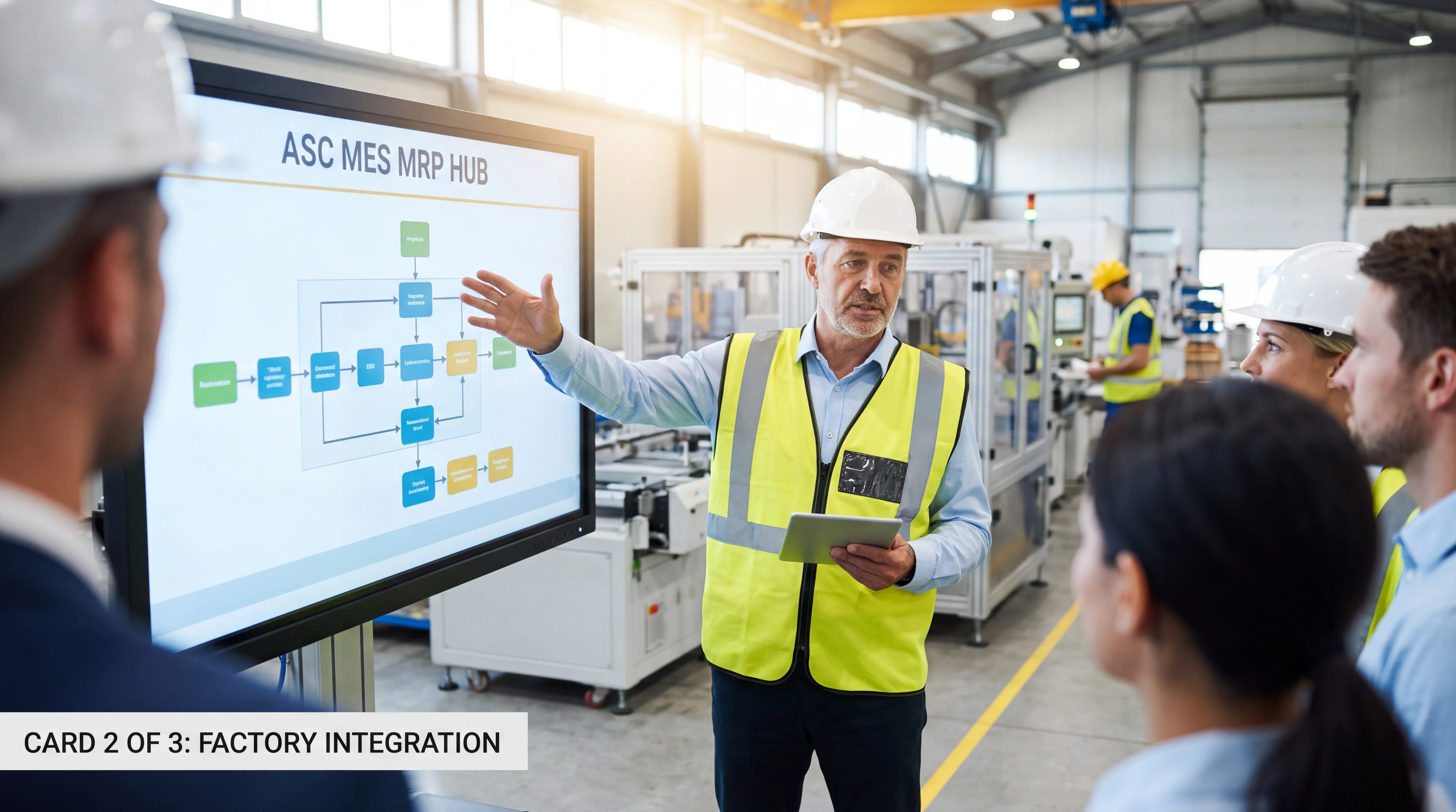 Senior manager with laptop overseeing automated manufacturing equipment in modern factory floor