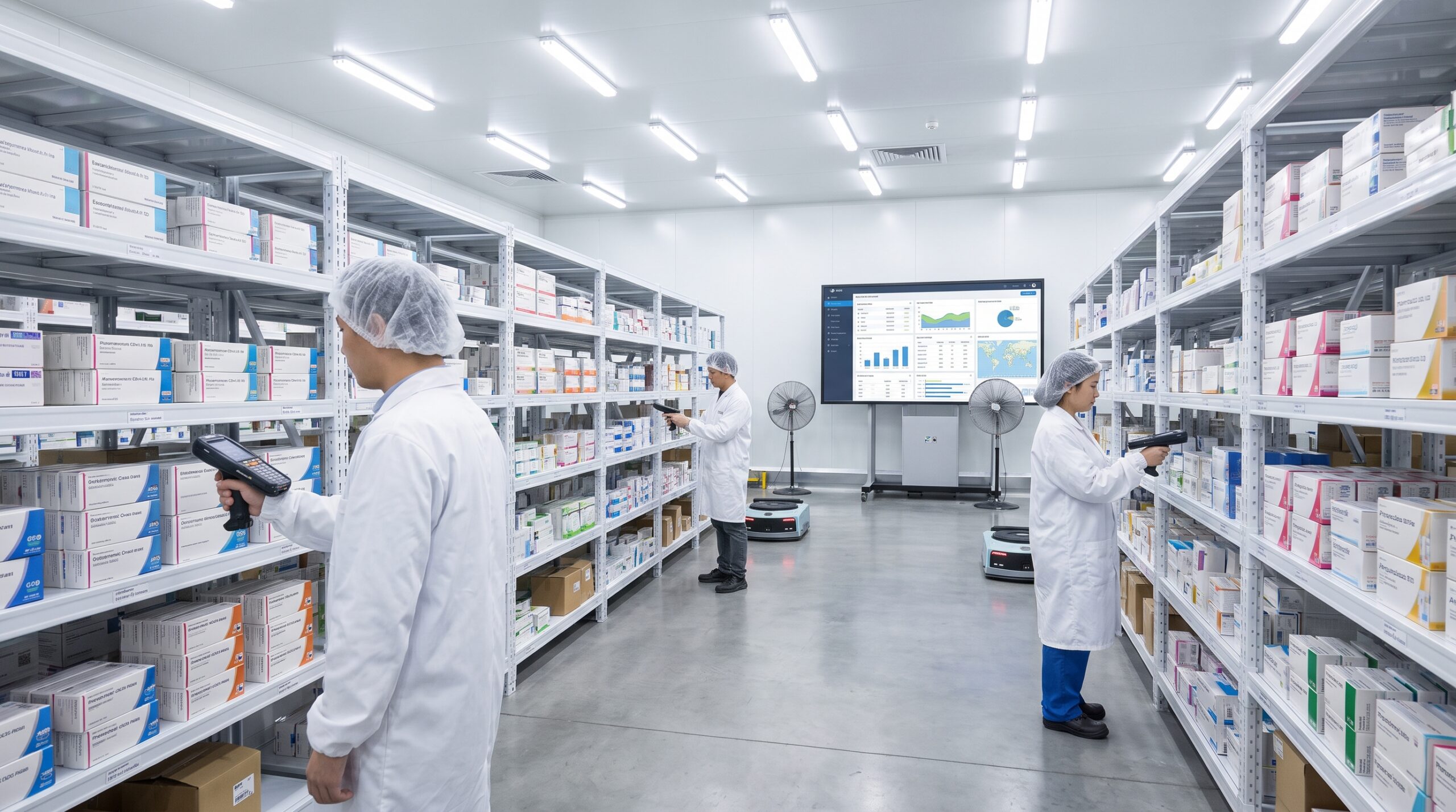 Pharmaceutical warehouse worker scanning inventory with barcode scanner