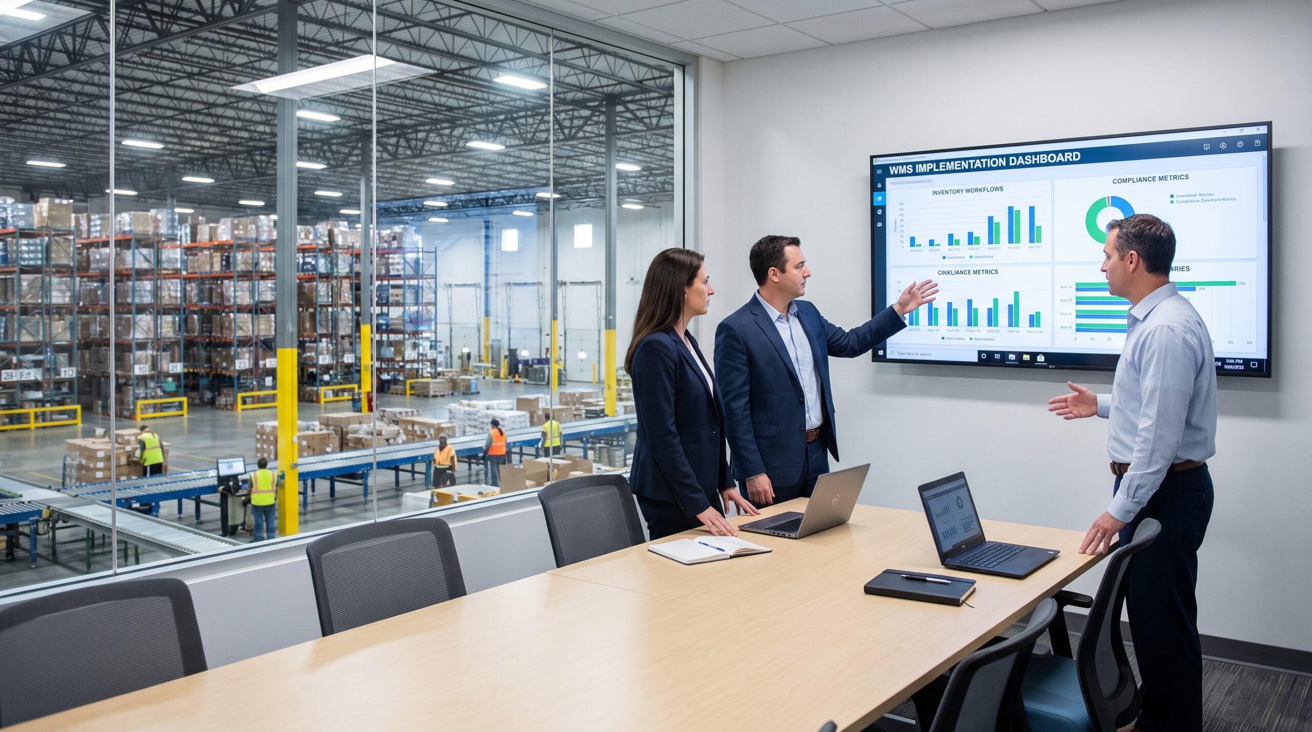 Pharmaceutical warehouse management team reviewing WMS implementation plan